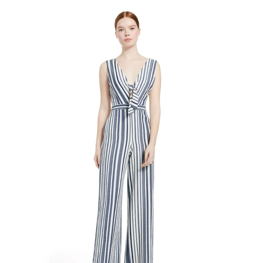 Alice + Olivia Laurice Knot Front Striped Wide Leg Jumpsuit in Blue/White Size 6 - Picture 1 of 16